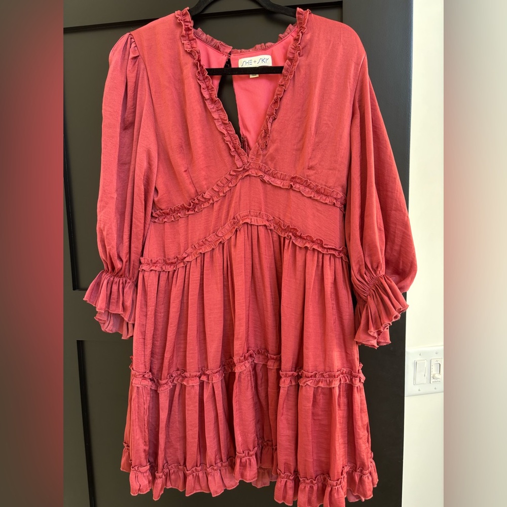She + Sky Pink Satin Ruffle Dress